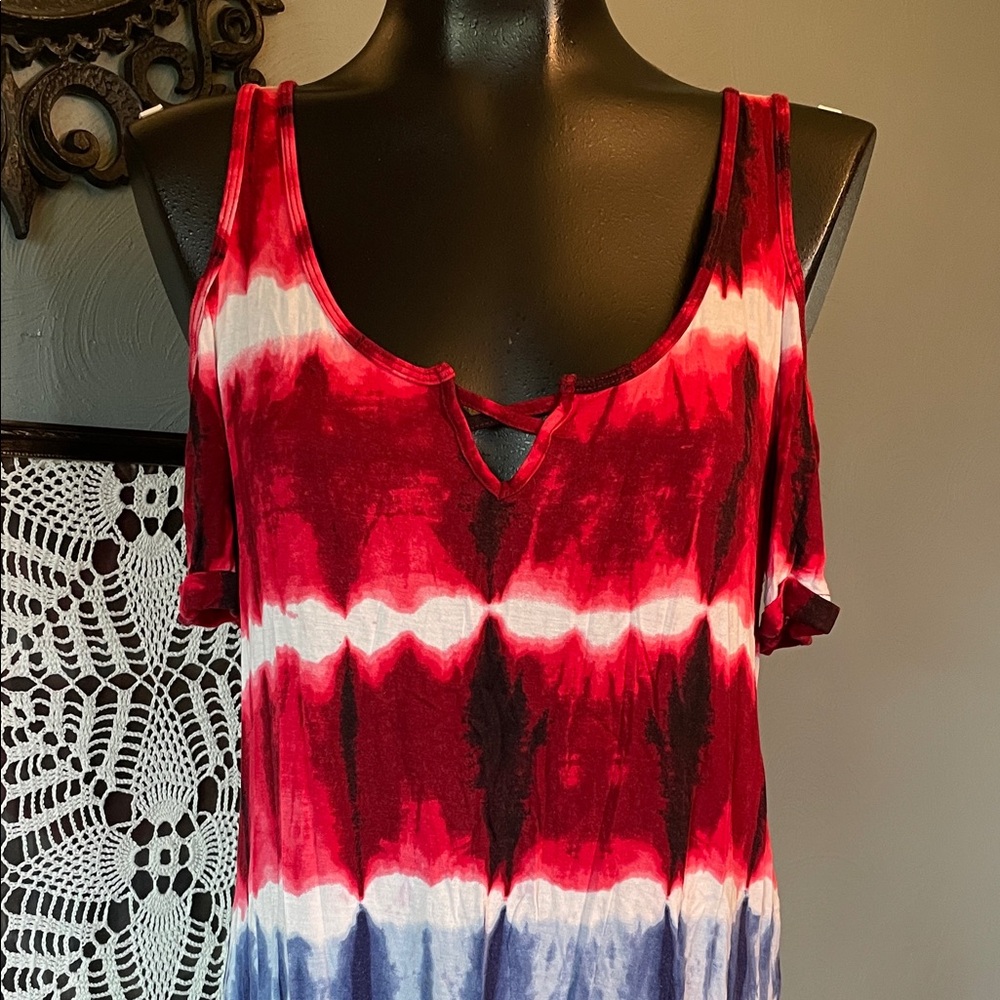 Rock & Republic Red White Blue Tie-Dye Cold-Shoulder Tank - Picture 2 of 5